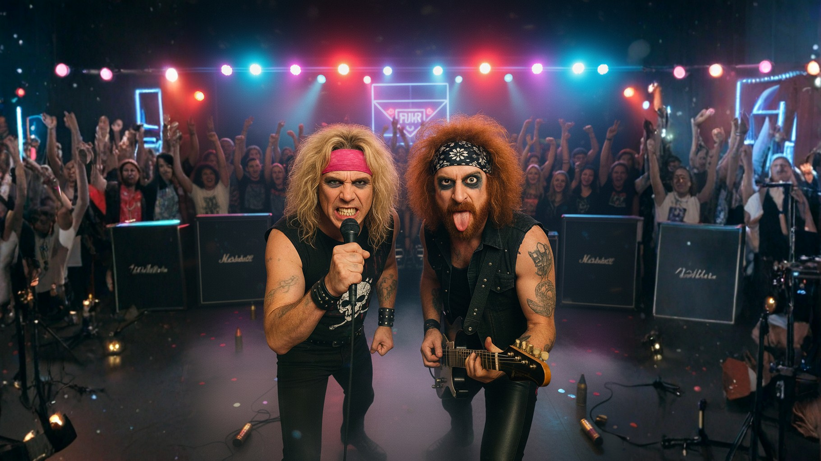 Matt Bones and Bloody Ginger on stage in front of the crowd